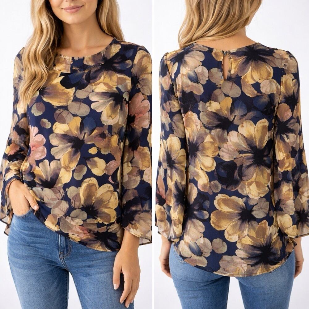 Cable And Gauge Medium Womens Blouse Blue Floral Longsleeve Lightweight